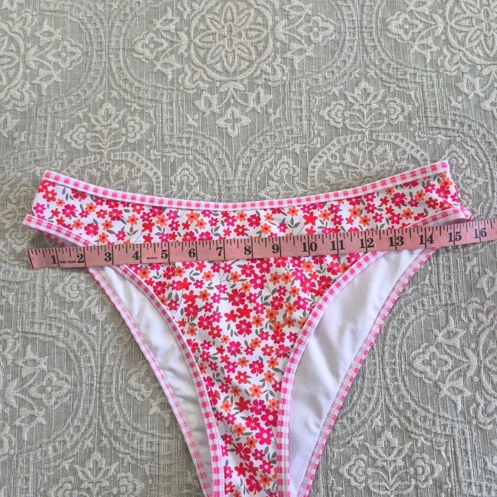 Zaful Womens Pink Floral Gingham Trim Bikini‎ Bottoms Size M High Cut Swimwear